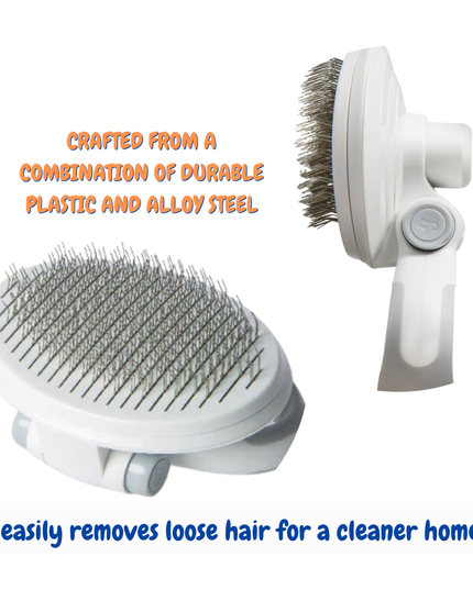 Two grooming brushes with text about durability and usage on a white background