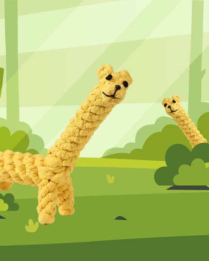 Toy giraffe in a forest setting