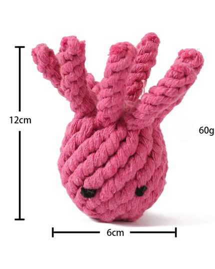 Pink knotted rope toy with measurements on a white background