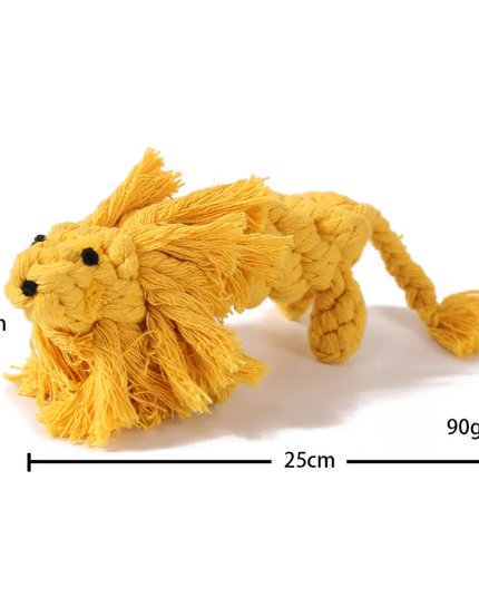 Yellow lion-shaped toy with measurements on a white background