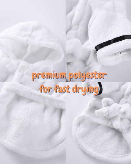 White towels with text 'premium polyester for fast drying' on a light gray background