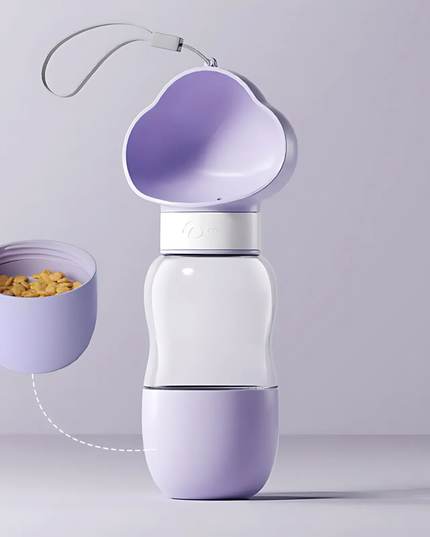 Purple pet water bottle with detachable bowl on a light gray background