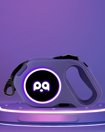 Pet leash with a brand logo on a purple background