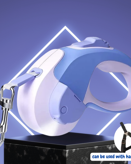 Blue and white retractable dog leash with carabiner on a dark background