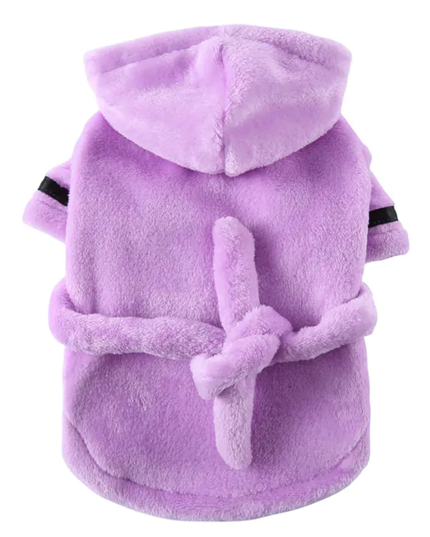 Purple fleece pet coat with a hood on a white background