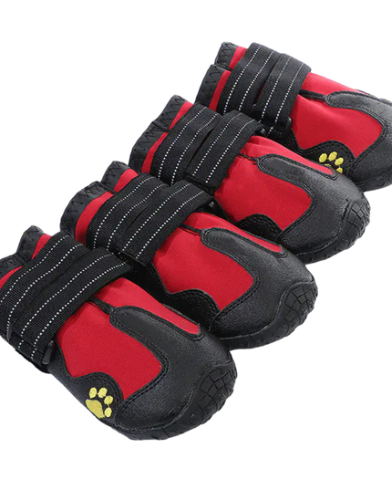 Red and black pet boots with paw design on a white background