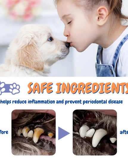 Child kissing a puppy with text about safe ingredients for pet health.