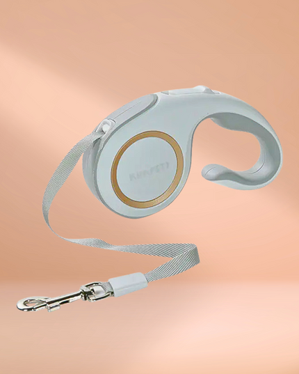 Retractable dog leash with a light blue handle on a peach background