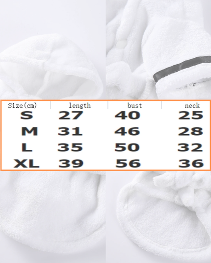 White garment with size chart overlay on a white background