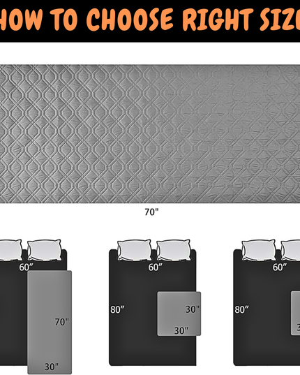 Gray mattress cover with size chart showing dimensions and bed representations.