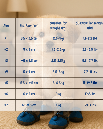 Size chart for dog shoes with dimensions and weight ranges on a blurred indoor background