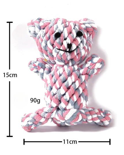 Pink and gray rope toy shaped like a bear with measurements on a white background