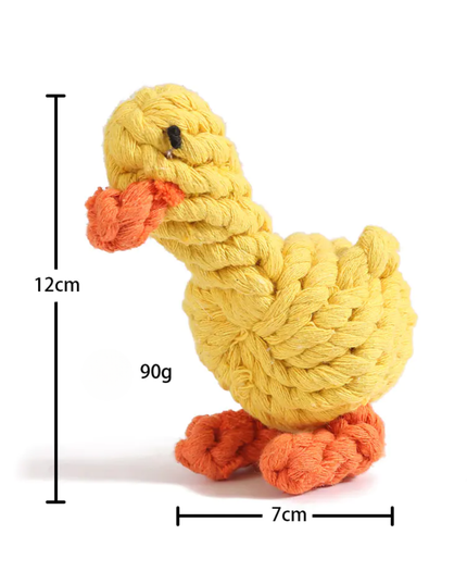 Yellow duck-shaped rope toy with measurements on a white background