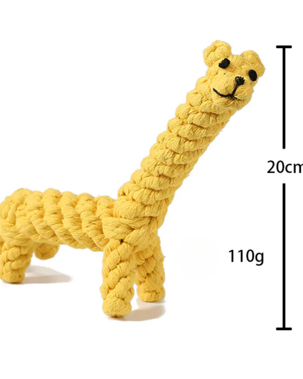 Yellow dog toy shaped like a giraffe with measurements on a white background