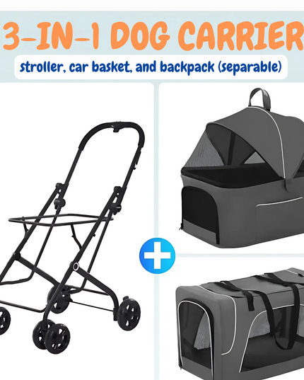 3-in-1 dog carrier with stroller, car basket, and backpack on a white background