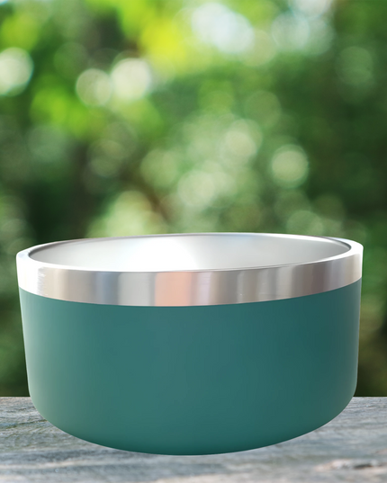 Teal bowl with silver rim on a wooden surface with a blurred green background