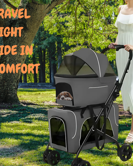 Woman pushing a pet stroller with a dog inside, set against a park background.