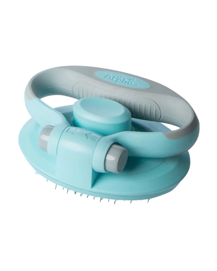 Turquoise and gray grooming tool with 'Aussie' branding on a white background