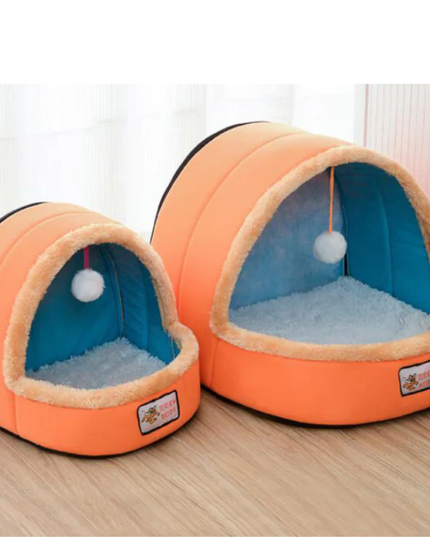 Two orange pet beds with blue interiors on a wooden floor.