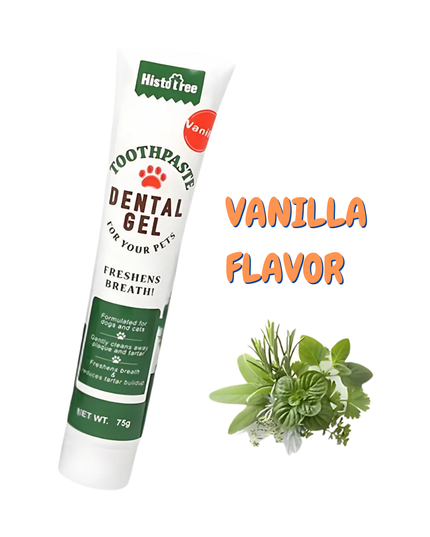 Tube of dental gel for pets with vanilla flavor on a white background