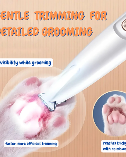 Pet grooming tool being used on a paw with text highlighting features