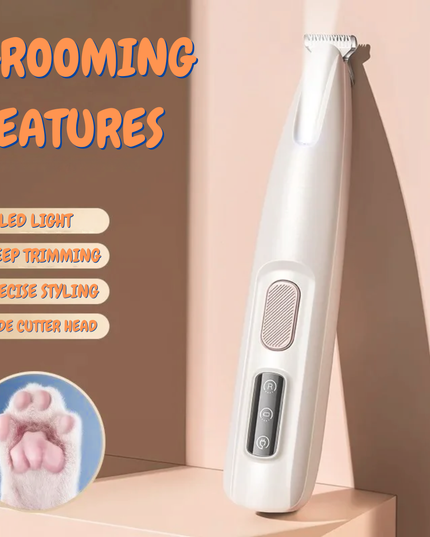 Hair trimmer with grooming features text and LED light icon on a beige background