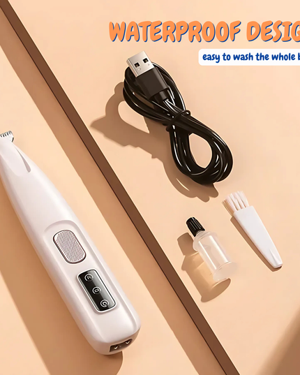 Hair removal device with accessories on a beige background, highlighting waterproof design.