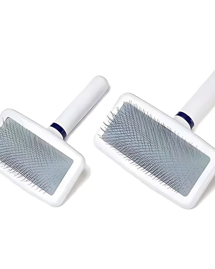 Two pet grooming brushes with clear plastic panels on a white background