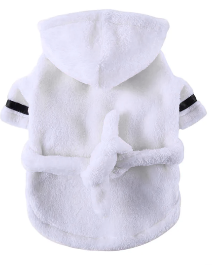 White fleece pet coat with black stripes on sleeves and collar on a white background