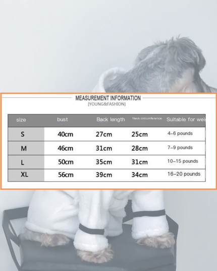 Measurement chart for dog coats with a dog wearing a coat in the background.