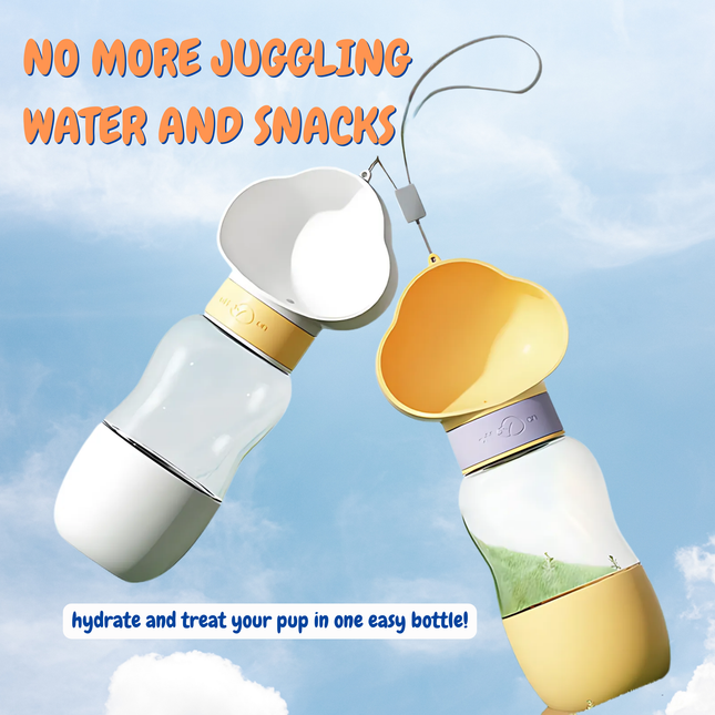 Two pet water and treat bottles with a sky background and text about hydrating and treating pets.