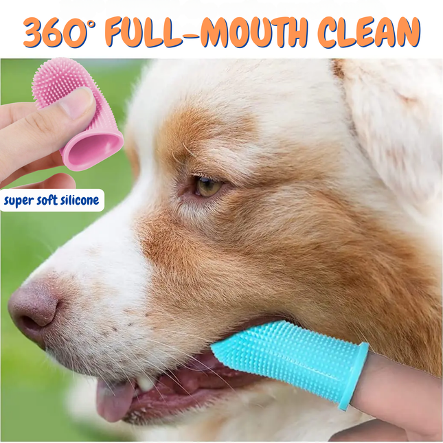 Dog being groomed with a pink and blue silicone tool, text '360° Full-Mouth Clean' and 'super soft silicone'.