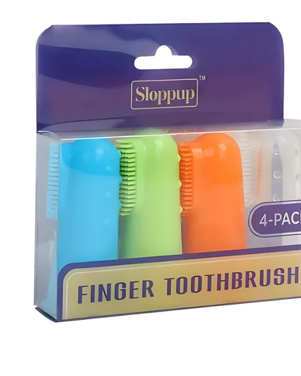 Packaged set of colorful finger toothbrushes with 'Sloppup' branding on a white background.
