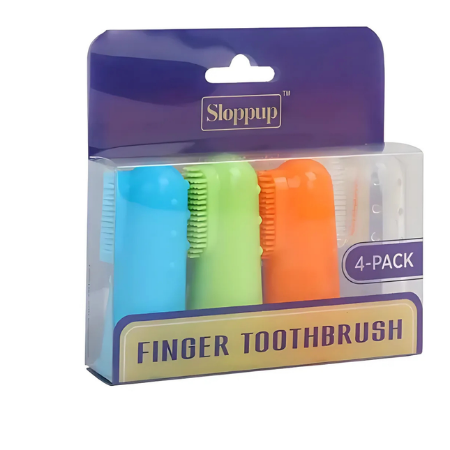 Packaged set of colorful finger toothbrushes with 'Sloppup' branding on a white background.