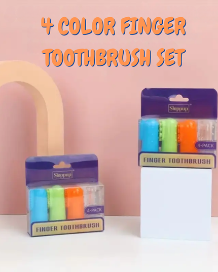 4-color finger toothbrush set packaging on a pink background