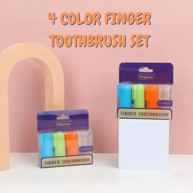 4-color finger toothbrush set packaging on a pink background