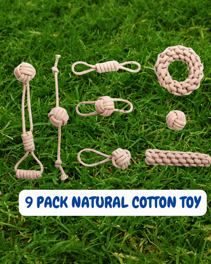 9 pack of natural cotton dog toys on grass