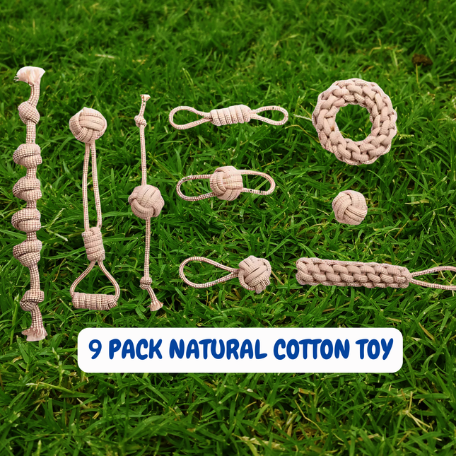 9 pack of natural cotton dog toys on grass