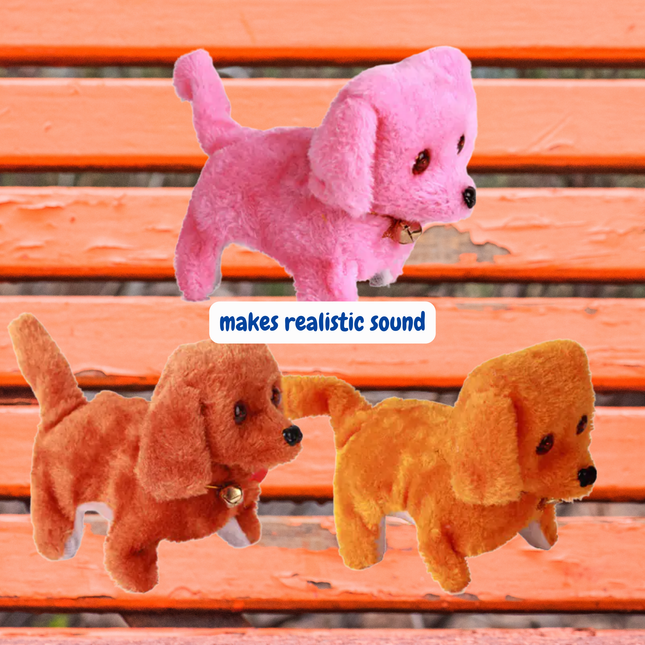 Three plush dog toys on an orange bench, with a pink toy at the top and two brown toys at the bottom.