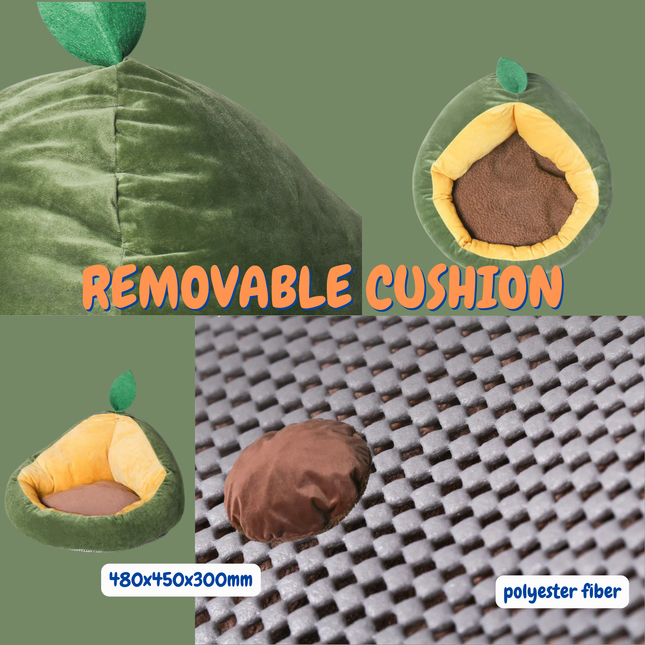 Green cushion with avocado design, removable cushion feature, and polyester fiber material on a textured surface.