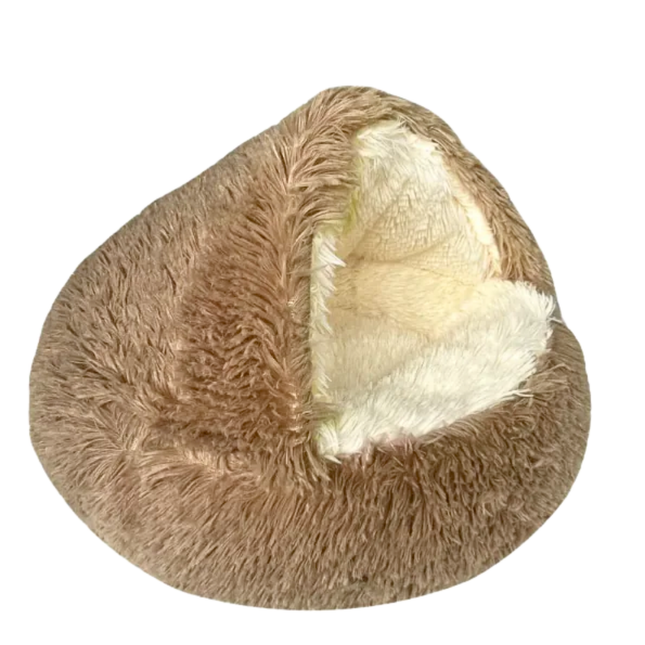 Brown and white plush donut-shaped pet bed on a white background