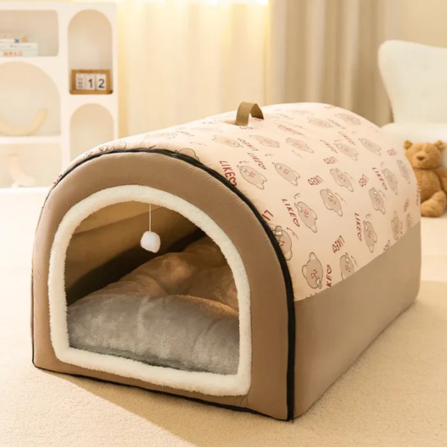 Pet bed with teddy bear pattern on a soft surface