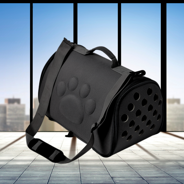 Black pet carrier with paw print design on a reflective floor with a cityscape background