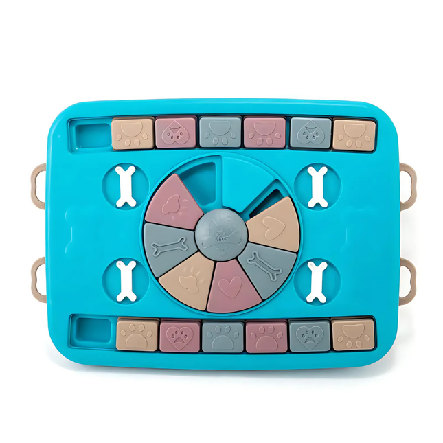 Blue dog toy with various shapes and patterns on a white background