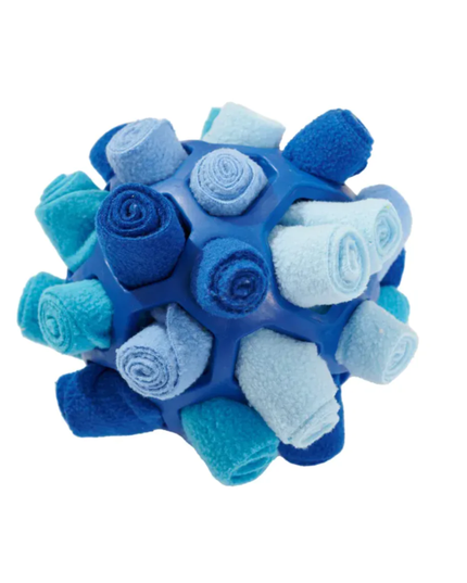 Blue and light blue textured ball toy on a white background