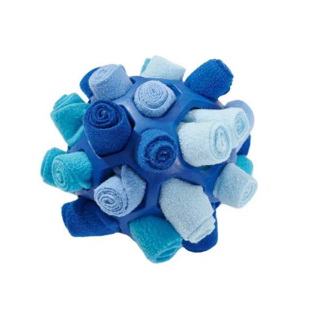 Blue and light blue textured ball toy on a white background