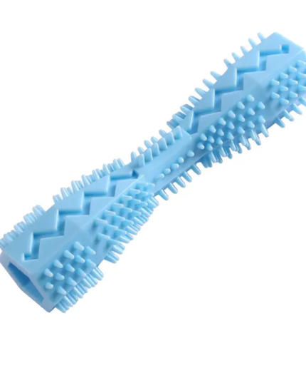 Blue dog toy with textured surface on a white background