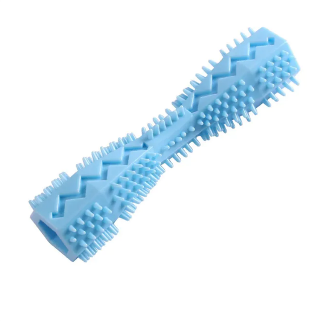 Blue dog toy with textured surface on a white background