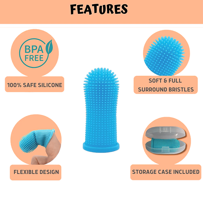 Blue silicone tool with features listed on a peach background