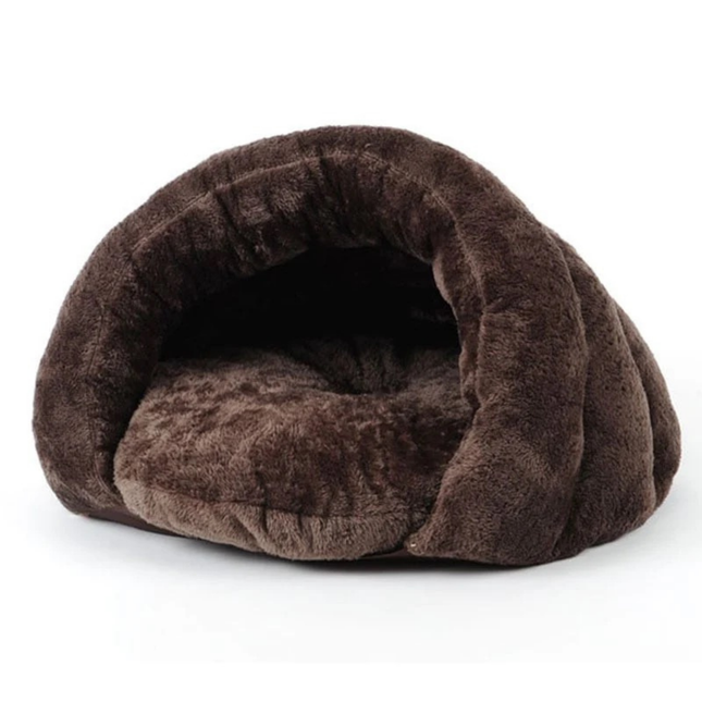 Brown plush pet bed on a white background